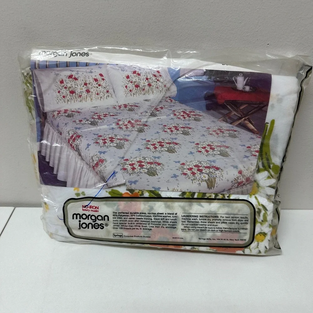 Vtg Morgan Jones Double Flat Sheet Floral Bonnie bouquet No-Iron Muslin Made USA